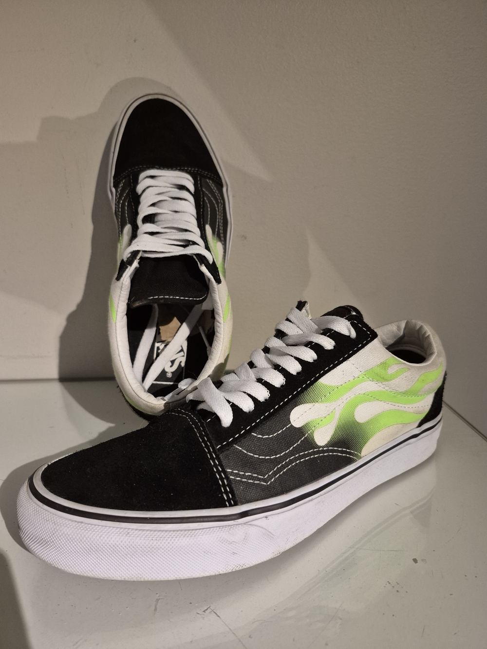 Vans Black Low-Top Sneakers with Neon Green Flame Design